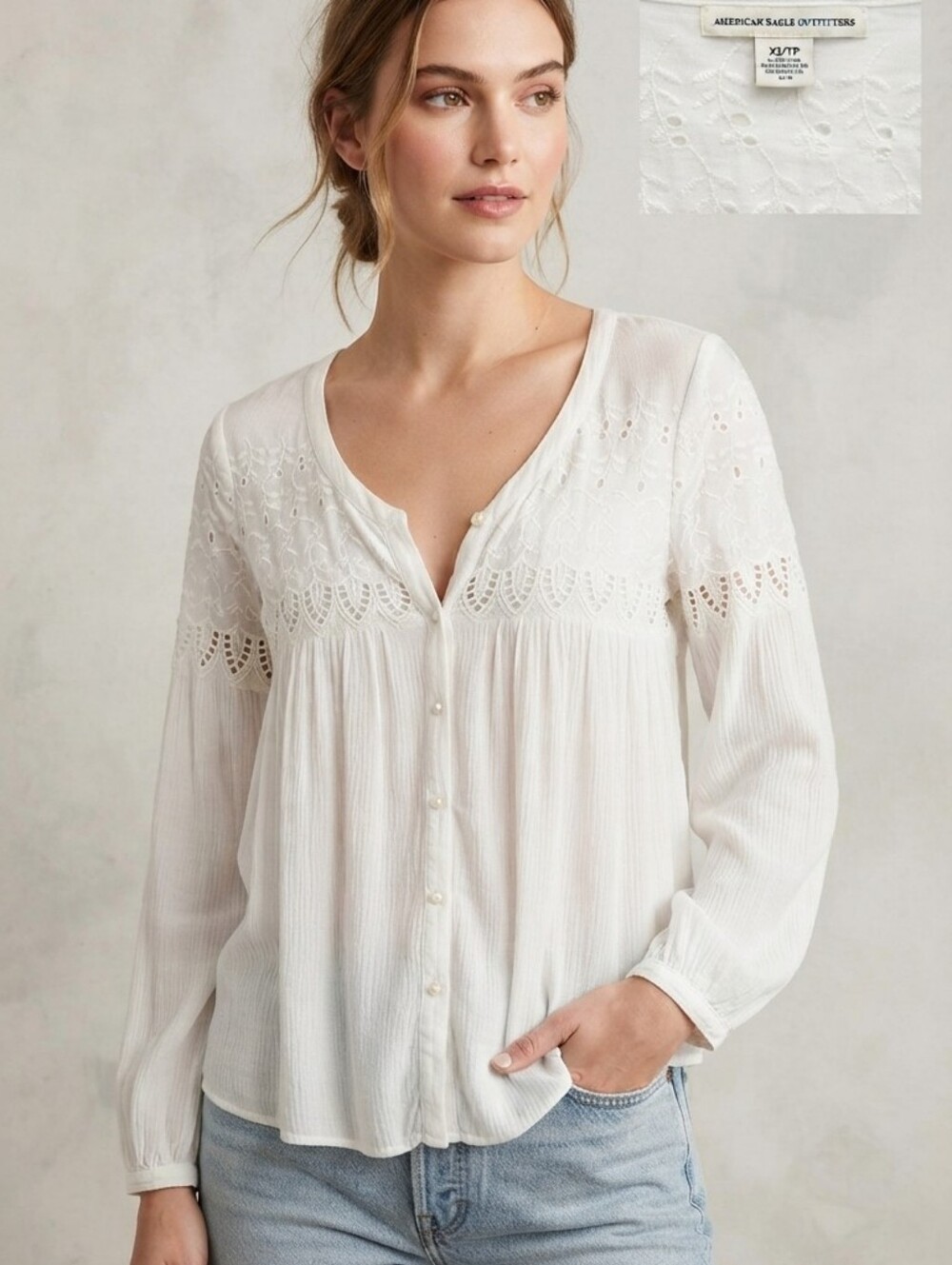 American Eagle White Eyelet Button Front Peasant Blouse Top XS